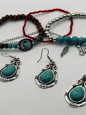 Turquoise Jewelry Set Teardrop Pendant Necklace Earrings & 5-Piece Set